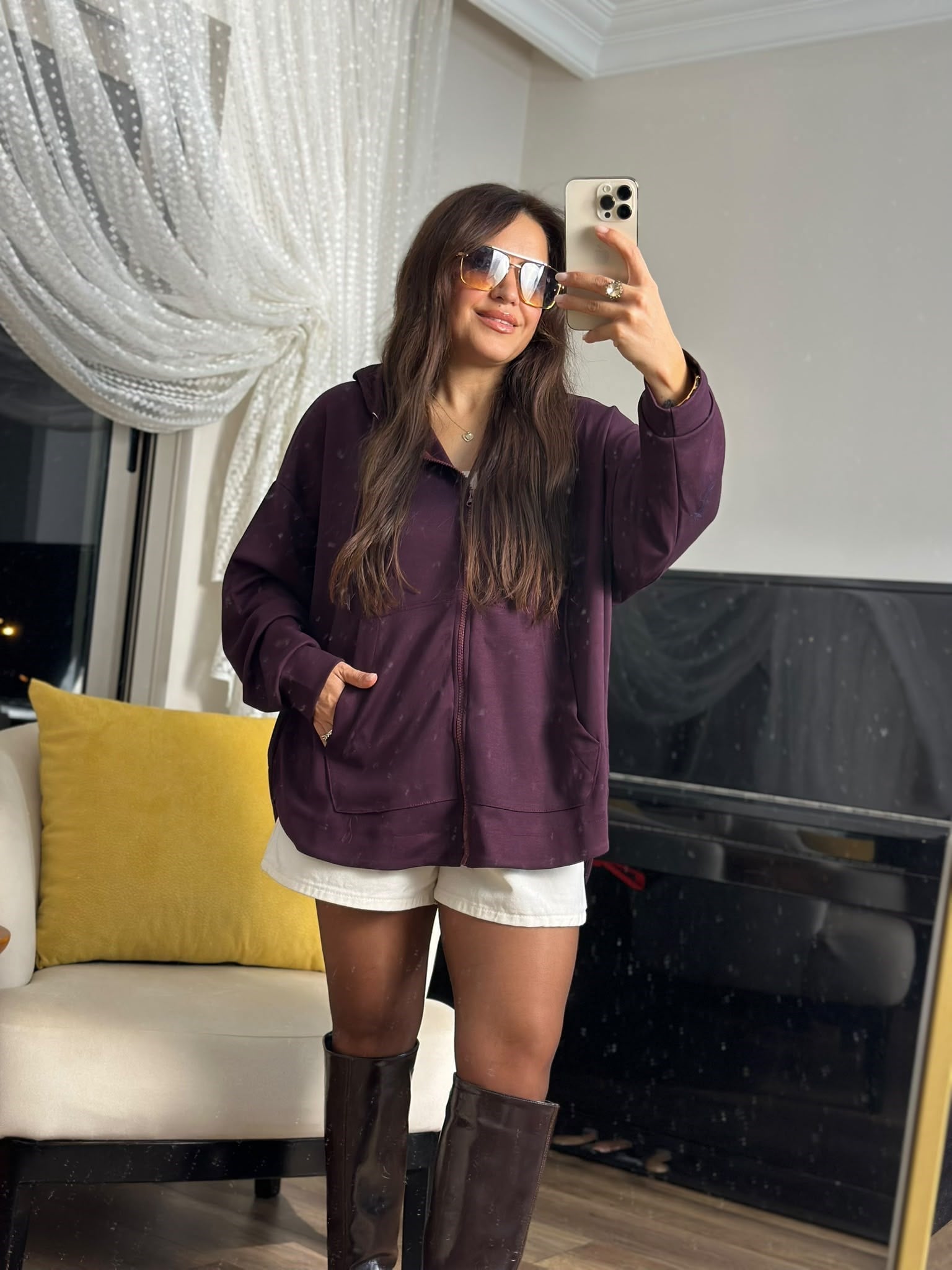 Modal Fermuarlı Oversize Kapüşonlu Ceket Mürdüm