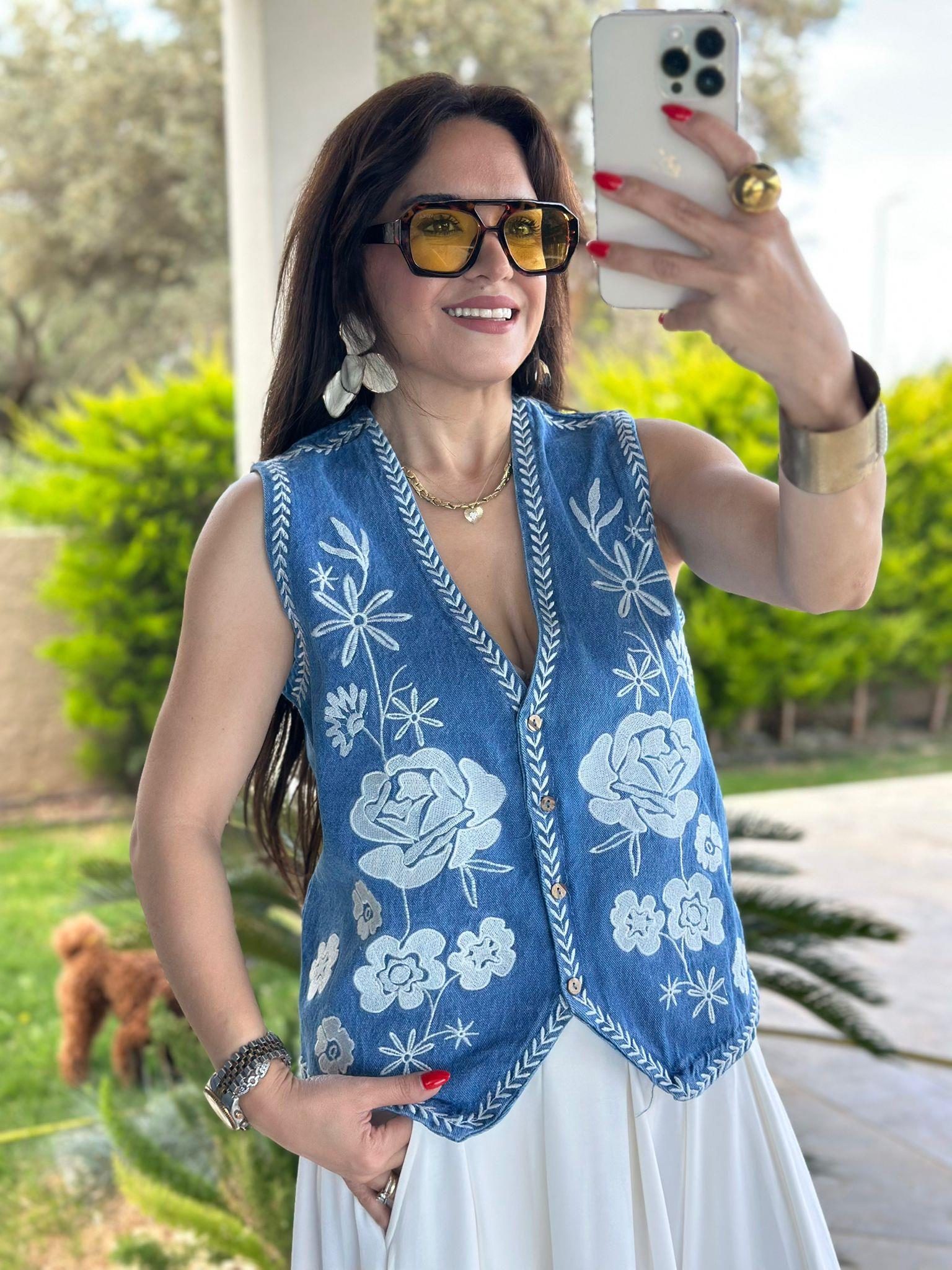 Nakışlı Mavi Jean Yelek