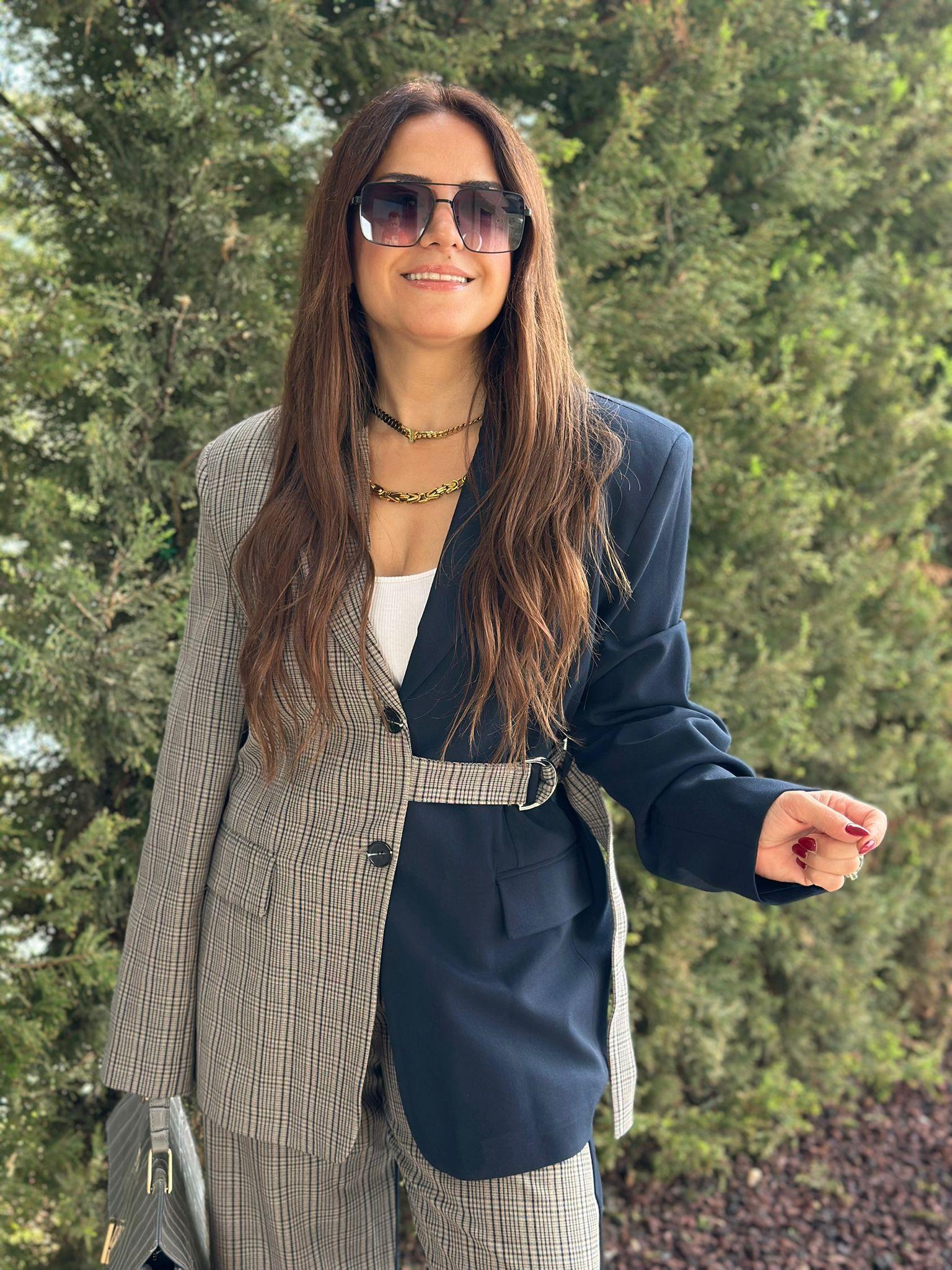Öizgili Gri Lacivert Çizgili Blazer Ceket
