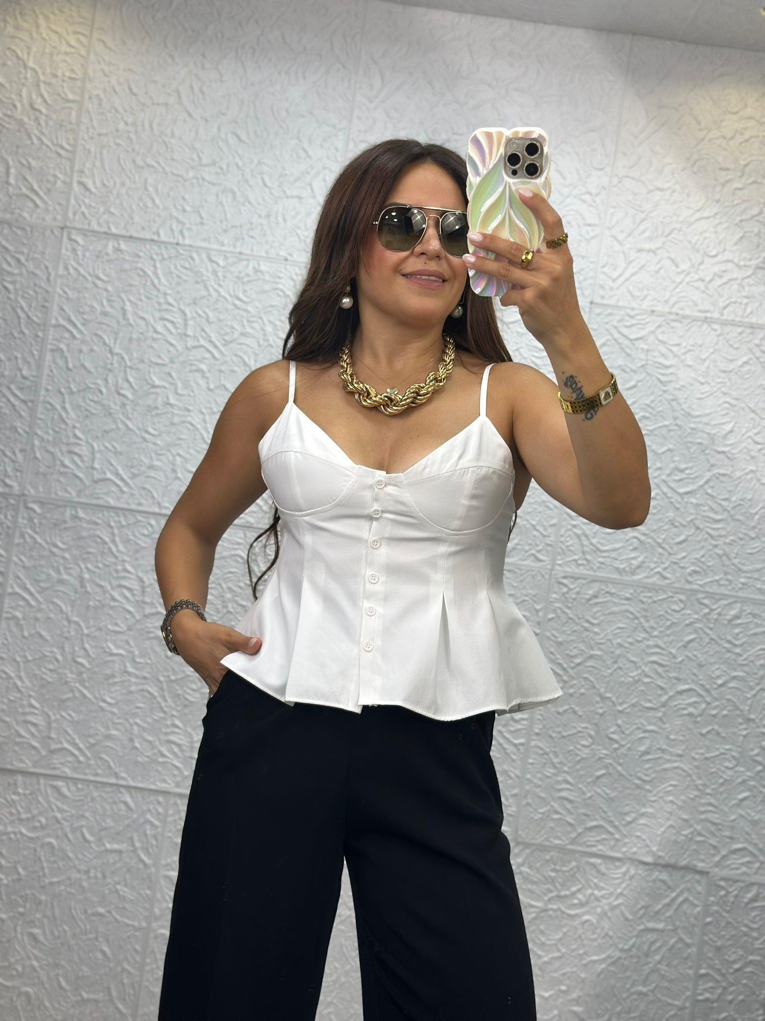 Önü Düğmeli Kumaş Beyaz Crop