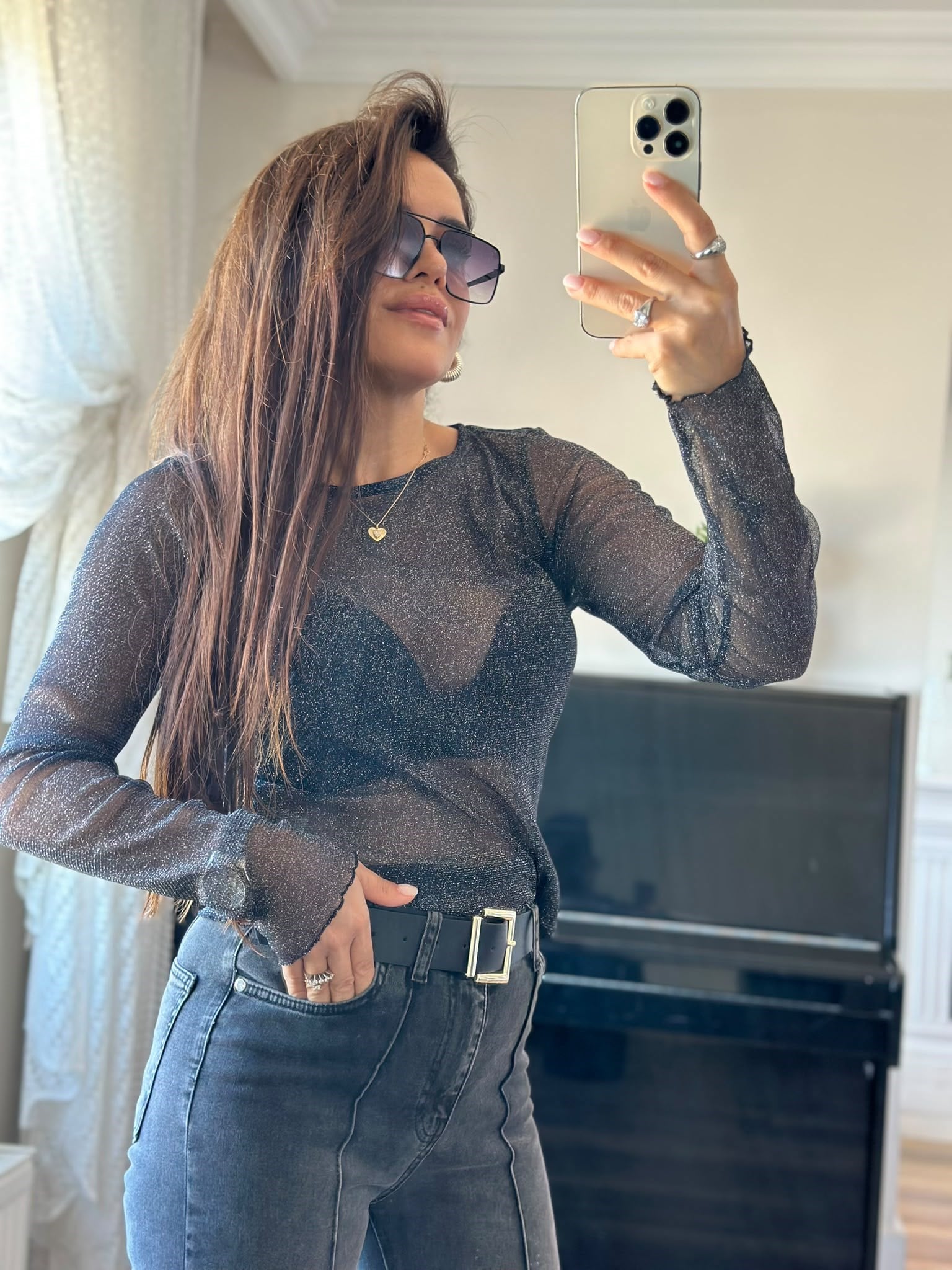 Simli Şifon Bluz Lacivert