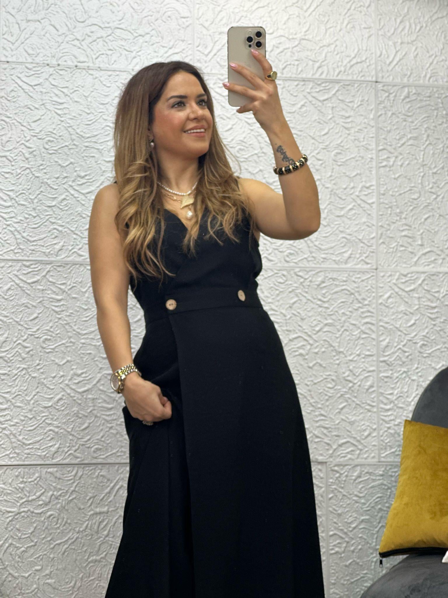 Siyah Koton Düğmeli Elbise