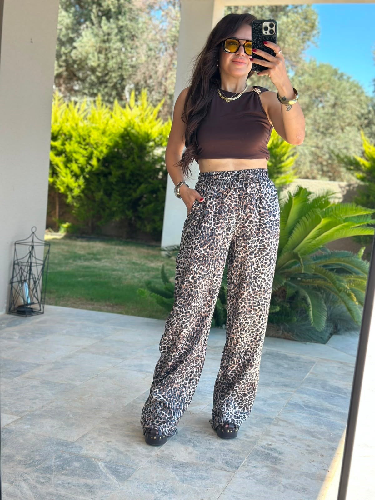 Siyah Leopar Bol Paça Pantolon