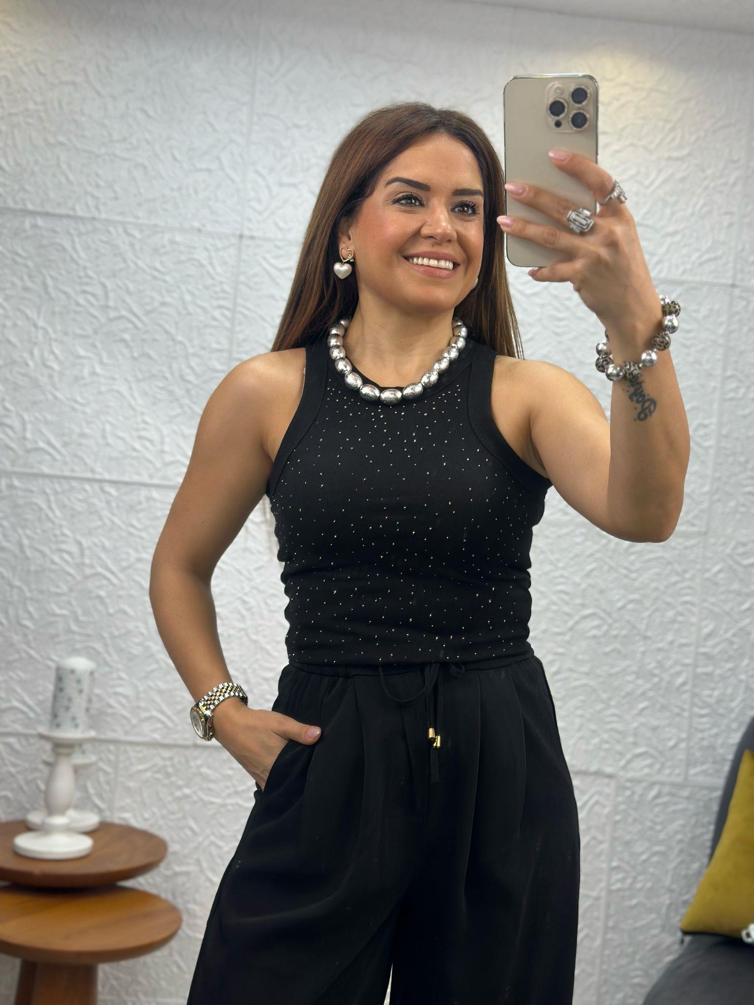 Siyah Taşlı Halter Bluz