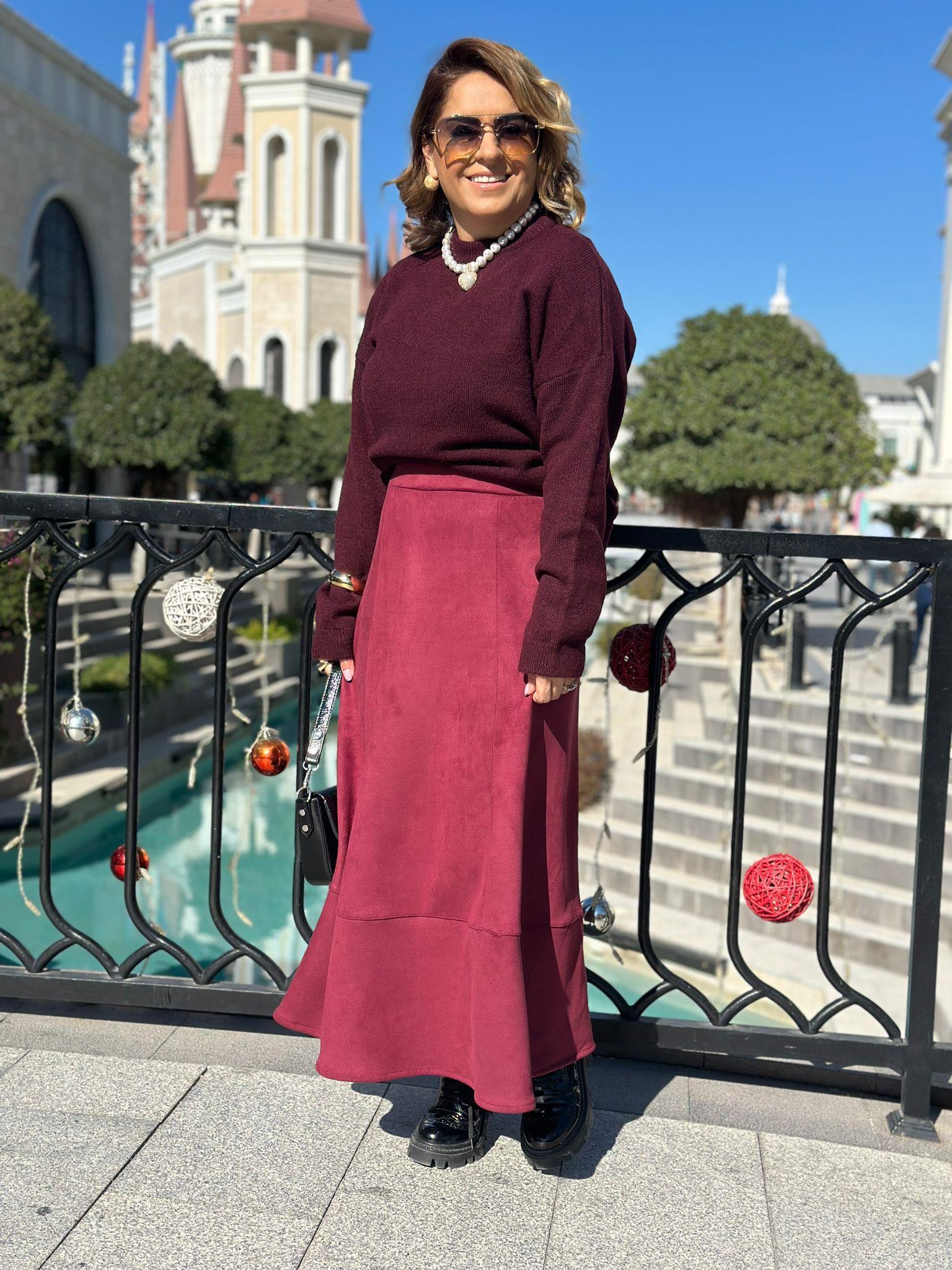 Süet Midi Bordo Etek