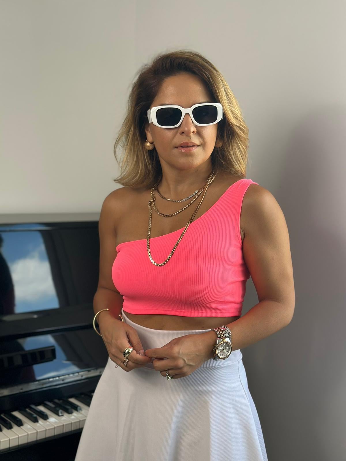 Tek Omuz Pembe Crop