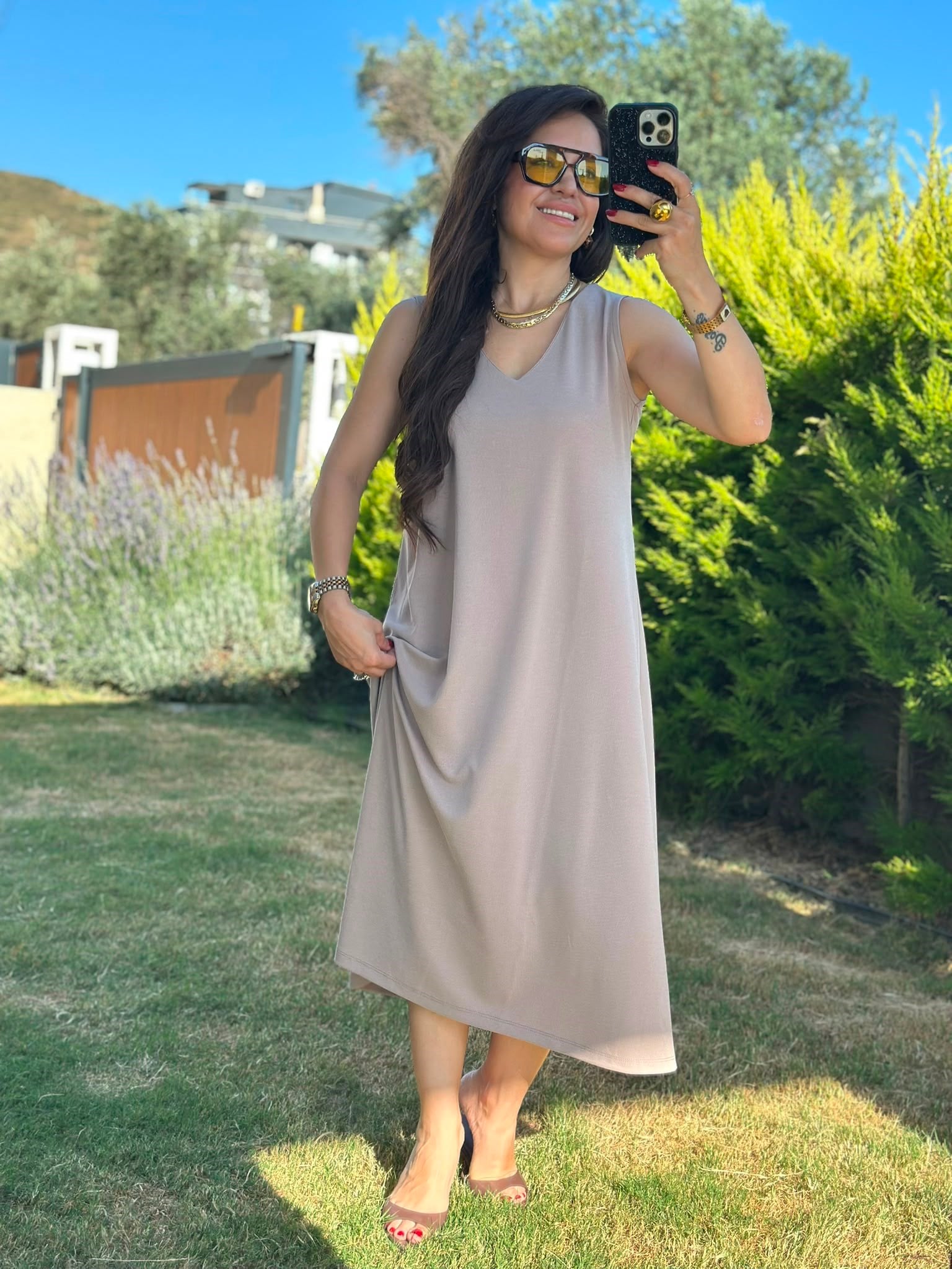 V Yaka Krem Modal Elbise