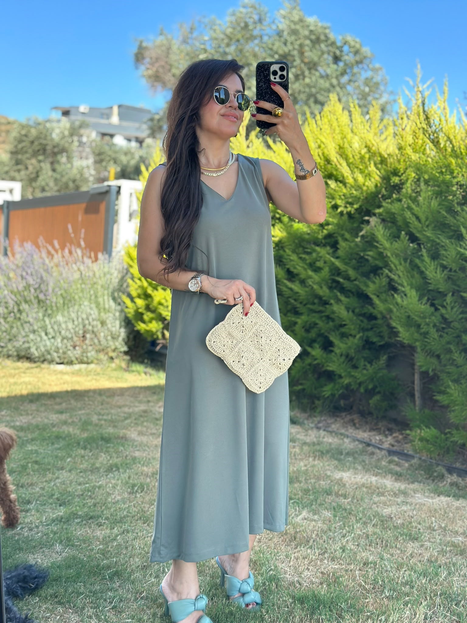 V Yaka Yeşil Modal Elbise