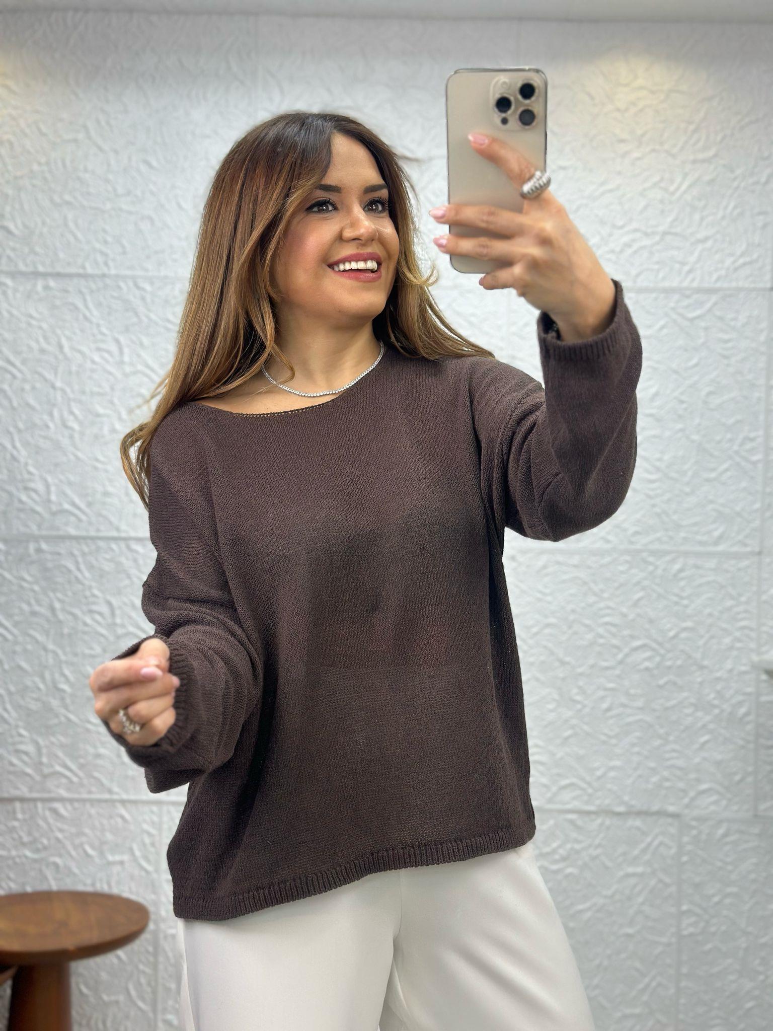 Yakalı Düz Kahve Triko