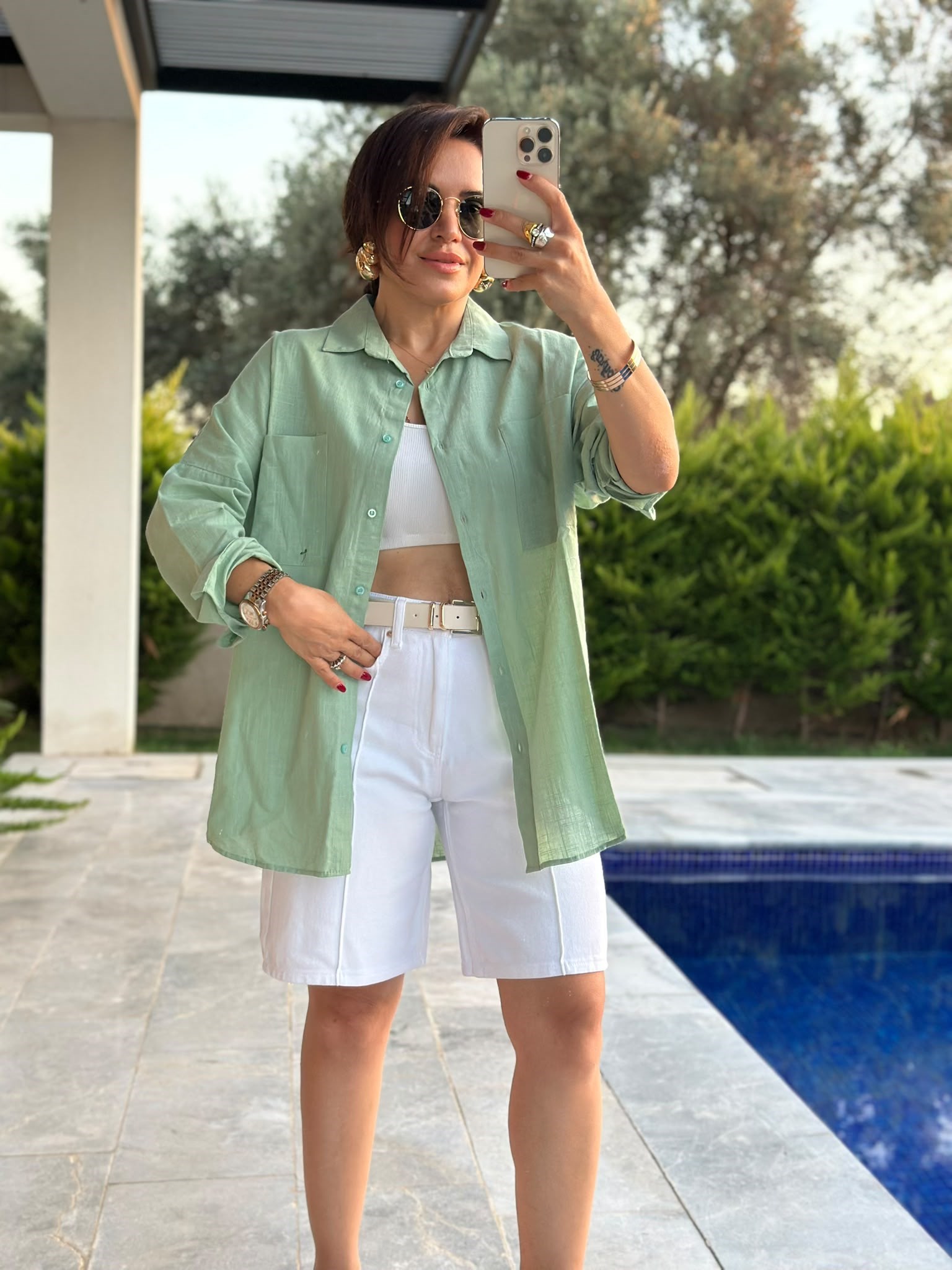 Yeşil Çift Cepli Oversize Gömlek