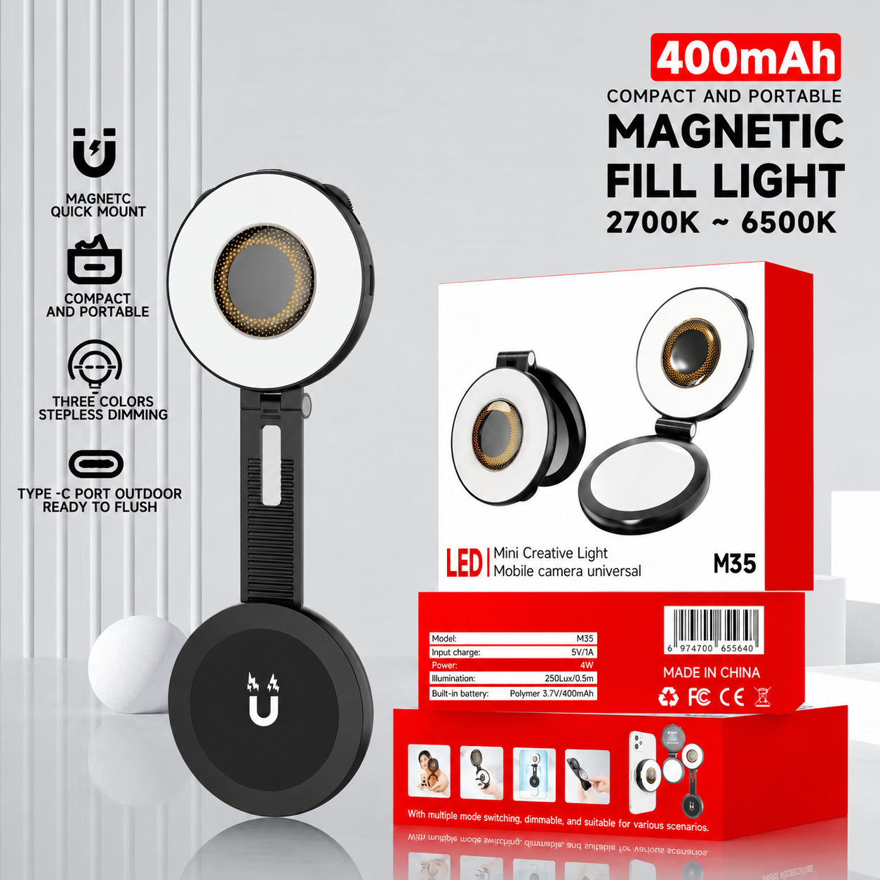 Neepho NP-M35 LED MagSafe Video ve Fotoğraf Işığı Aynalı Mini Işık SI12