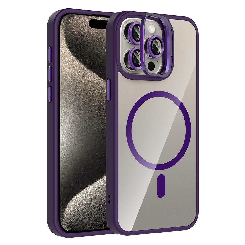 Apple iPhone 15 Pro Max Uyumlu Kılıf Standlı ve Kamera Lens Hediyeli M-Safe Şarj Özellikli Zore Etro Kapak