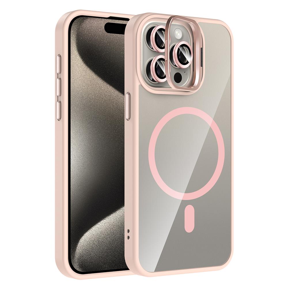 Apple iPhone 15 Pro Uyumlu Kılıf Standlı ve Kamera Lens Hediyeli M-Safe Şarj Özellikli Zore Etro Kapak