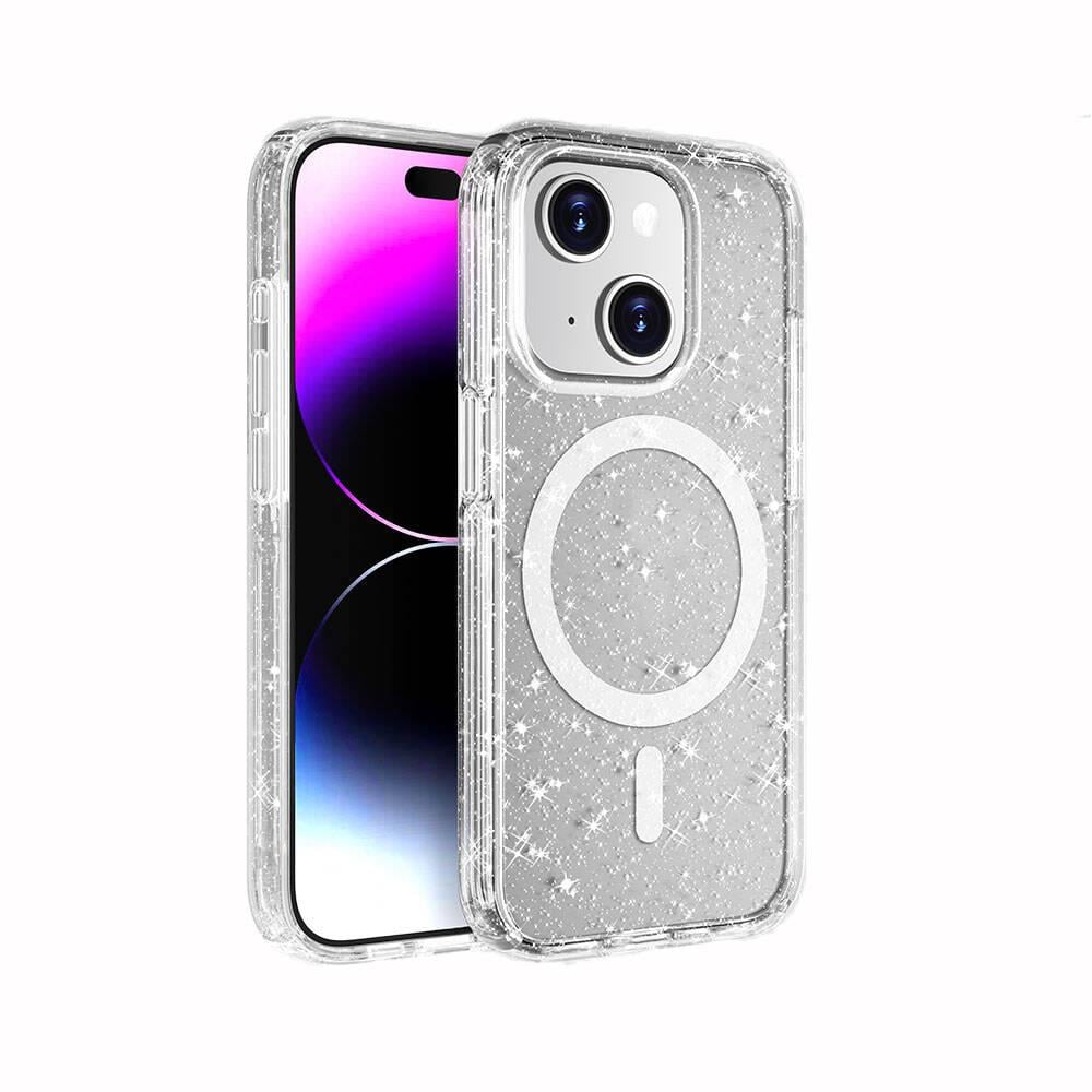 Apple iPhone 15 Uyumlu Kılıf M-safe Şarj Özellikli Parlayan Simli Saydam Renkli Zore Allstar Kapak