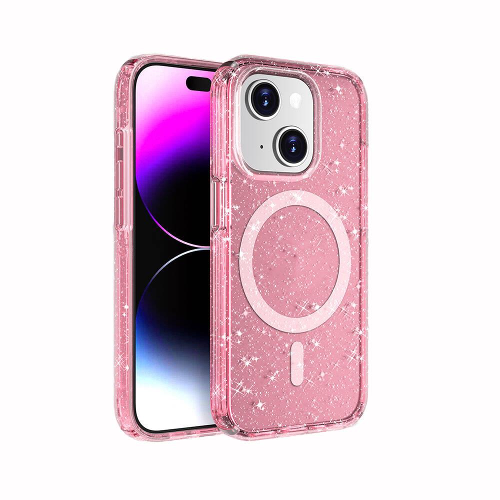 Apple iPhone 15 Uyumlu Kılıf M-safe Şarj Özellikli Parlayan Simli Saydam Renkli Zore Allstar Kapak