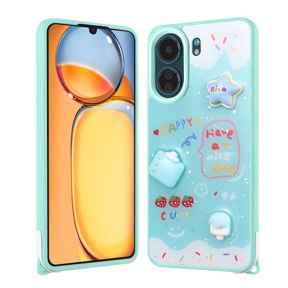 Xiaomi Poco C65 Uyumlu Kılıf Parlayan Simli Kabartma Figürlü Zore Cevze Kapak