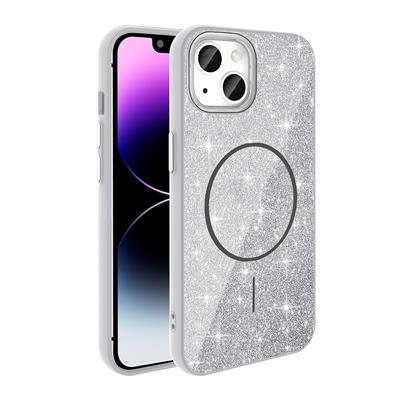 Apple iPhone 14 Uyumlu Kılıf M-safe Şarj Özellikli Parlayan Simli Zore Okso Kapak