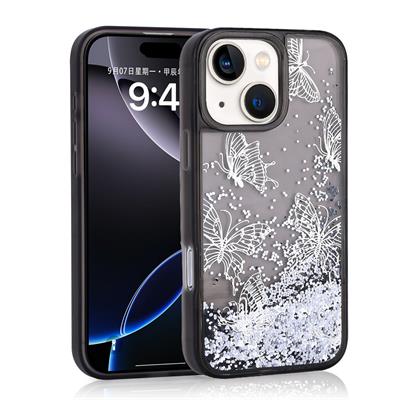 Apple iPhone 14 Uyumlu Kılıf Sıvılı Simli Kelebek Baskılı Şeffaf Arka Yüzey Zore Glis Silikon Kapak