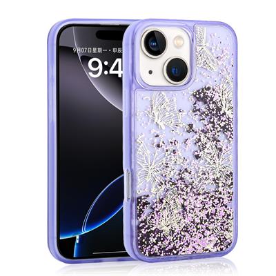 Apple iPhone 14 Uyumlu Kılıf Sıvılı Simli Kelebek Baskılı Şeffaf Arka Yüzey Zore Glis Silikon Kapak