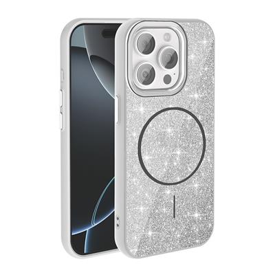 Apple iPhone 15 Pro Max Uyumlu Kılıf M-safe Şarj Özellikli Parlayan Simli Zore Okso Kapak