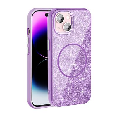 Apple iPhone 15 Uyumlu Kılıf M-safe Şarj Özellikli Parlayan Simli Zore Okso Kapak