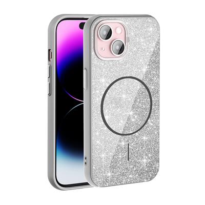 Apple iPhone 15 Uyumlu Kılıf M-safe Şarj Özellikli Parlayan Simli Zore Okso Kapak