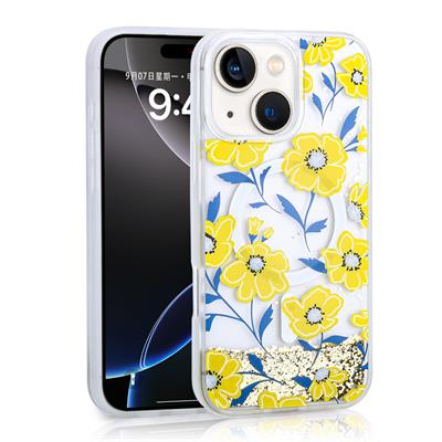 Apple iPhone 15 Uyumlu Kılıf Sıvılı Simli Baskılı Şeffaf Arka Yüzey Zore Mossa Silikon Kapak