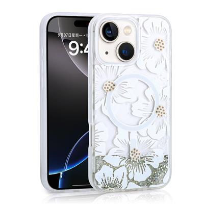 Apple iPhone 15 Uyumlu Kılıf Sıvılı Simli Baskılı Şeffaf Arka Yüzey Zore Mossa Silikon Kapak