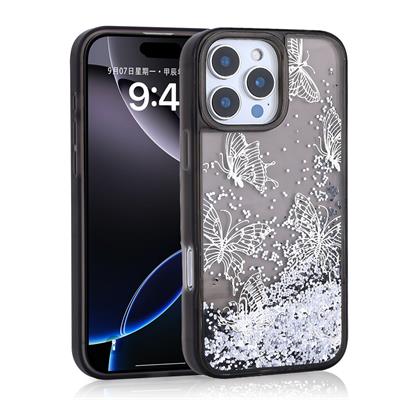 Apple iPhone 16 Pro Uyumlu Kılıf Sıvılı Simli Kelebek Baskılı Şeffaf Arka Yüzey Zore Glis Silikon Kapak