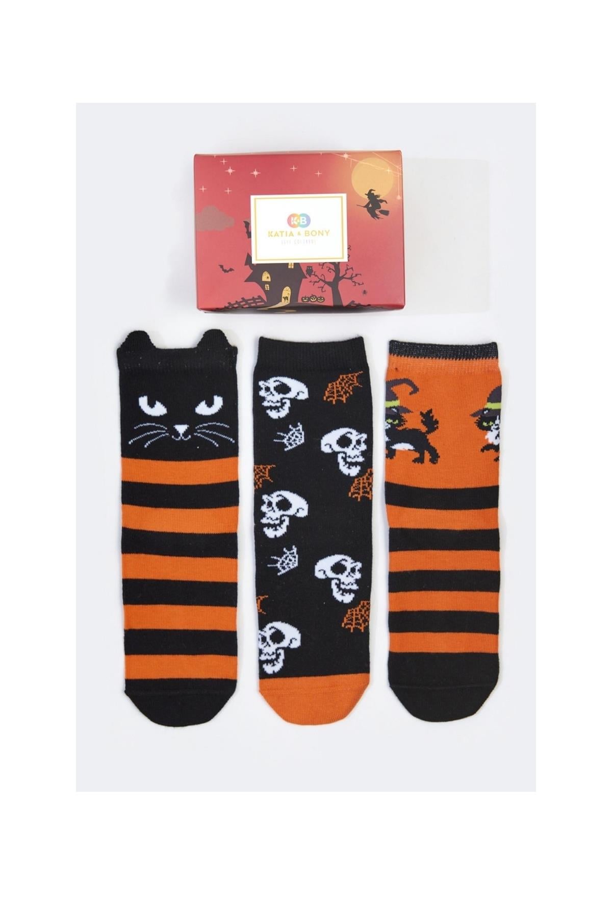3 lü Paket Helloween Kutu Çocuk Soket Çorap Desenli Çok Renkli