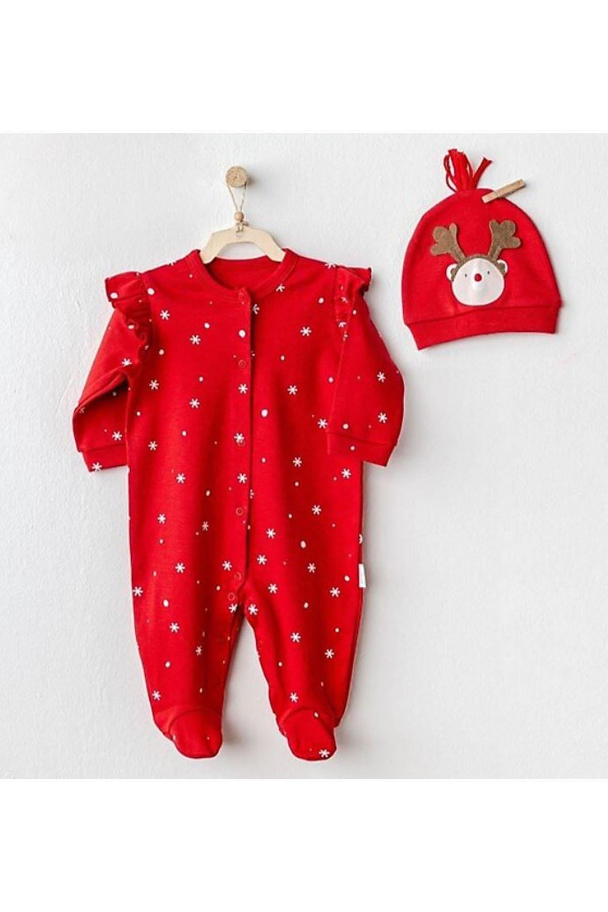 Andywawa /BEBEK TULUM TAKIM ROMPER HAT SET VELVET HAPPY NEWYEAR Kırmızı