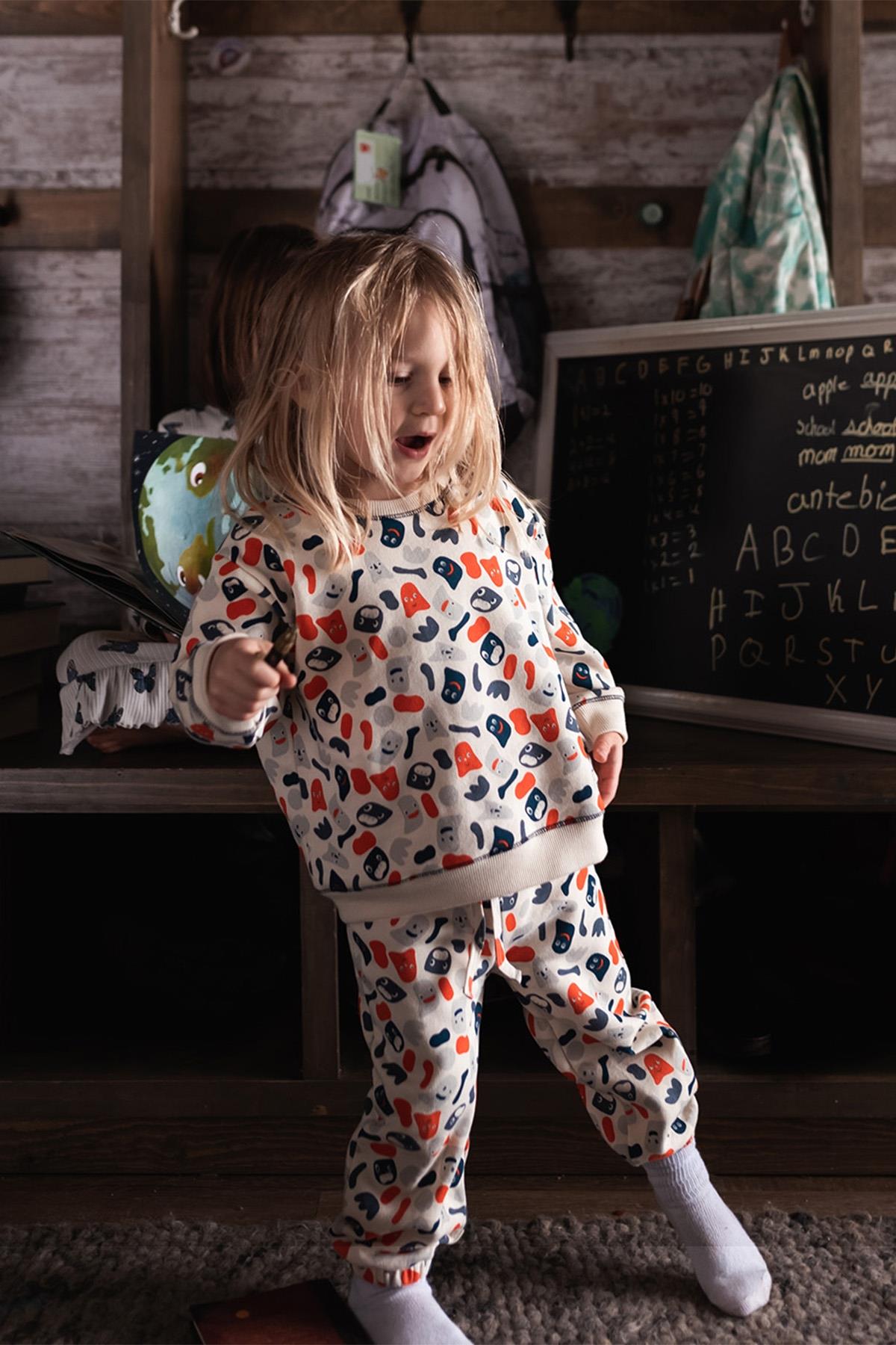Antebies / Eğlenceli Canavarlar Sweatshirt ve Pantolon Set Turuncu