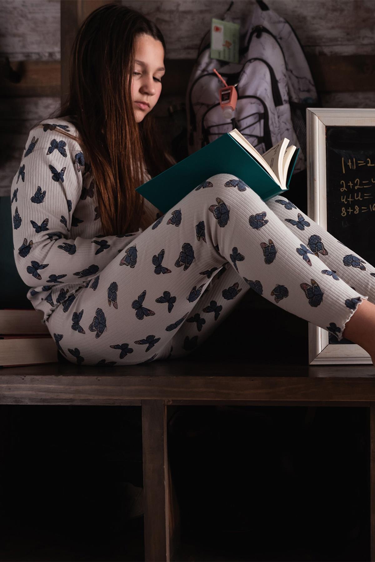 Antebies / Kelebek Desen Uzun Kollu Taytlı Pijama Takımı Mavi