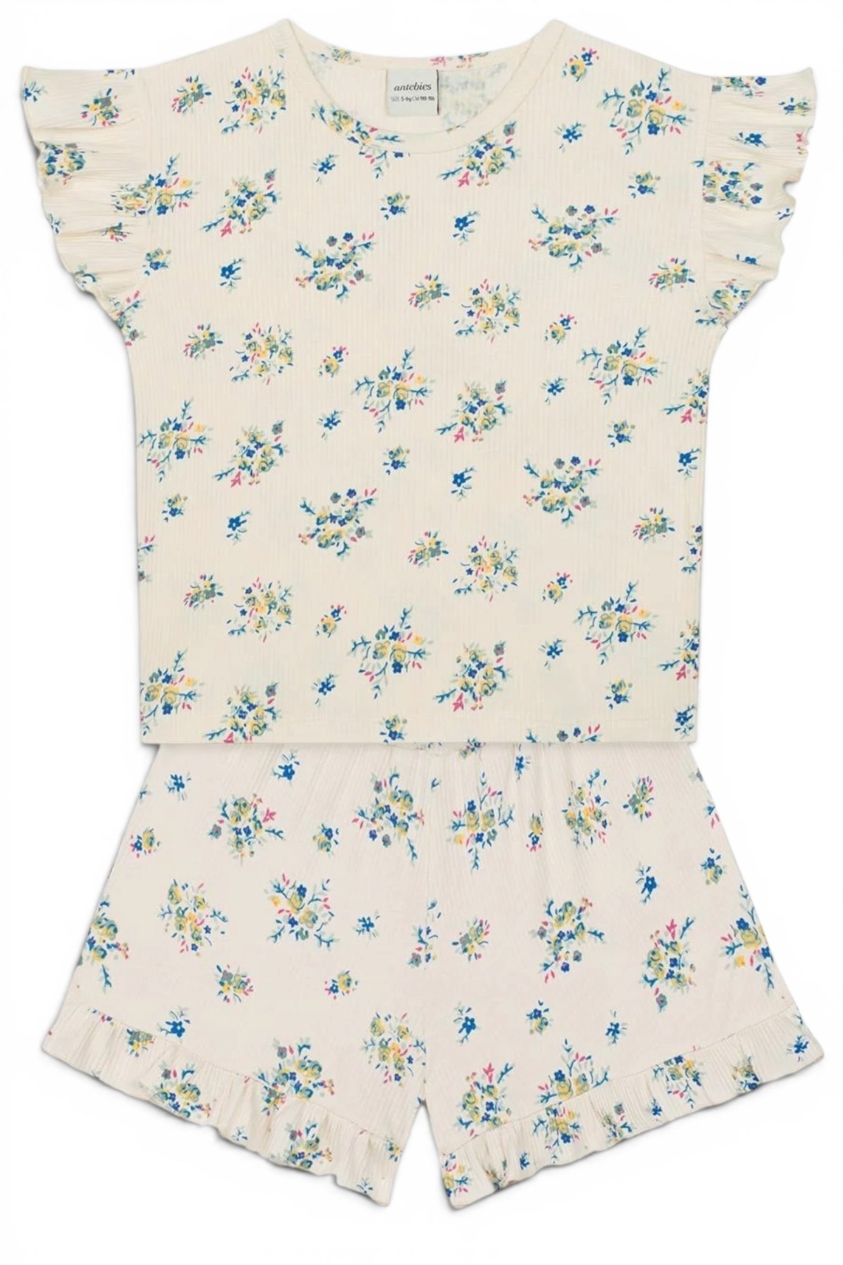 Antebies / Minik Çiçekler Kısa Kollu Tshirt Şort Pijama Takım Bej