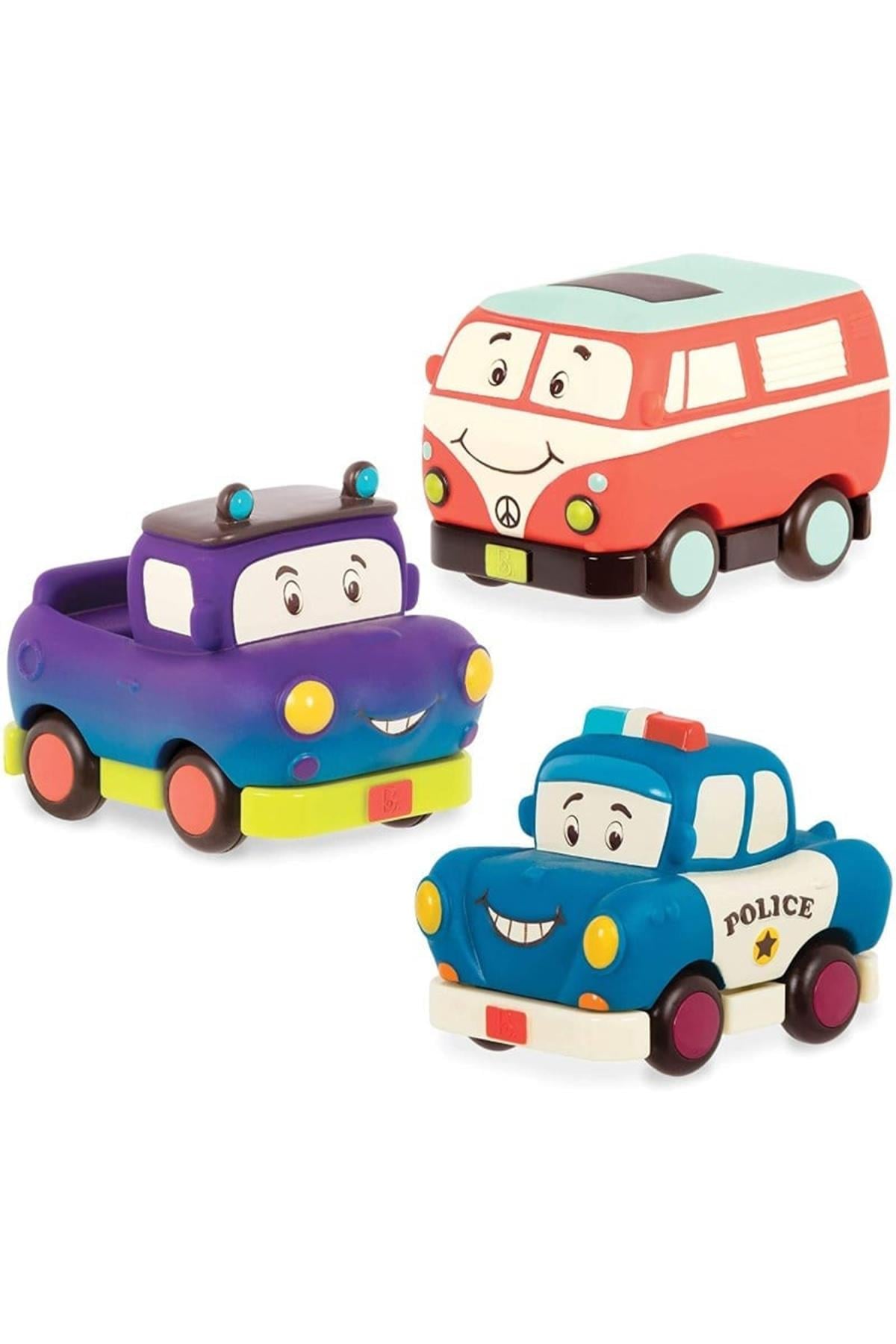 B.Toys 3lü Mini Çek-Bırak Araba Seti - Polis/Retro Van/Jeep Çok Renkli