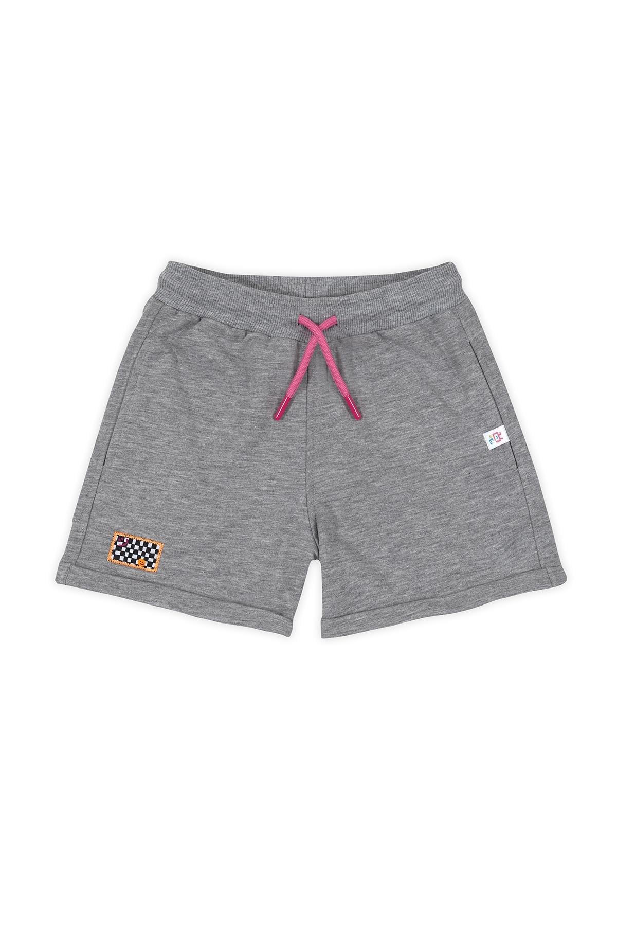 Beetlebeez / Basic Pleated Short - Paçası Katlamalı Düz Kalıp Çocuk Şort - (Pembe Kordonlu) Gri
