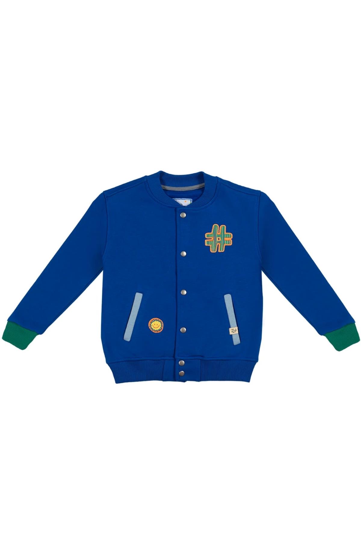 Beetlebeez / Çocuk Saks Mavi Bomber Ceket - Nakış ve Aplike Detaylı - Kontrast Renk Cep ve Manşetli Mavi