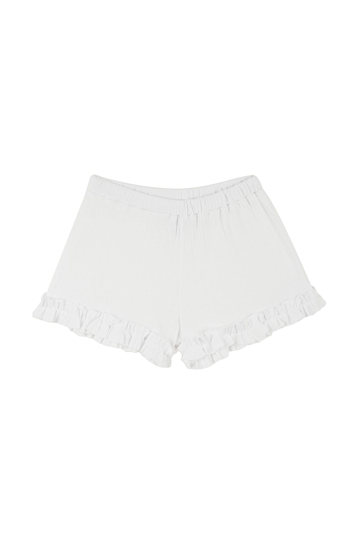 Beyaz Jakar Fırfırlı Şortlu Pijama Takımı Beyaz