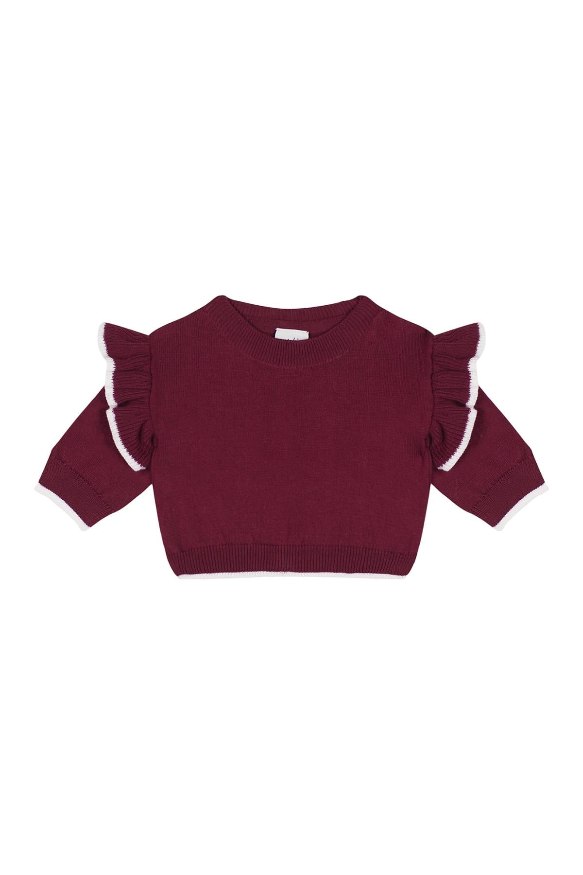 Beyaz Kontrast Detaylı Fırfırlı Bordo Triko Bebek Bordo