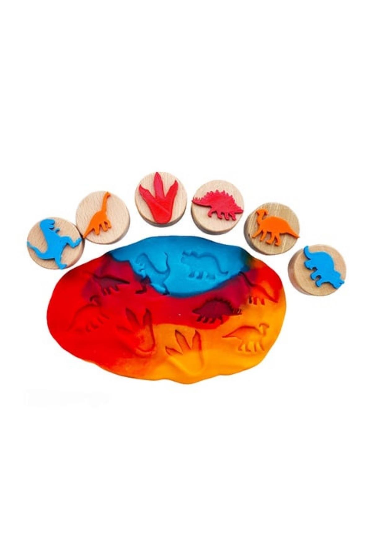 Childgen / Dinozorlar ahşap damga set  (6 adet damga) Çok Renkli