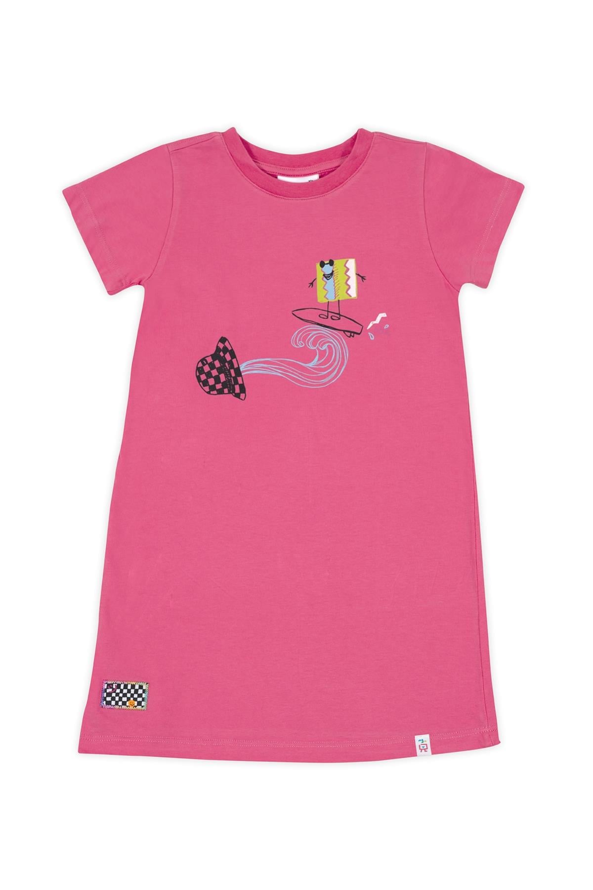 Cool Surfer Dress - Kısa Kollu Bisiklet Yaka Kız Çocuk Elbise Pembe