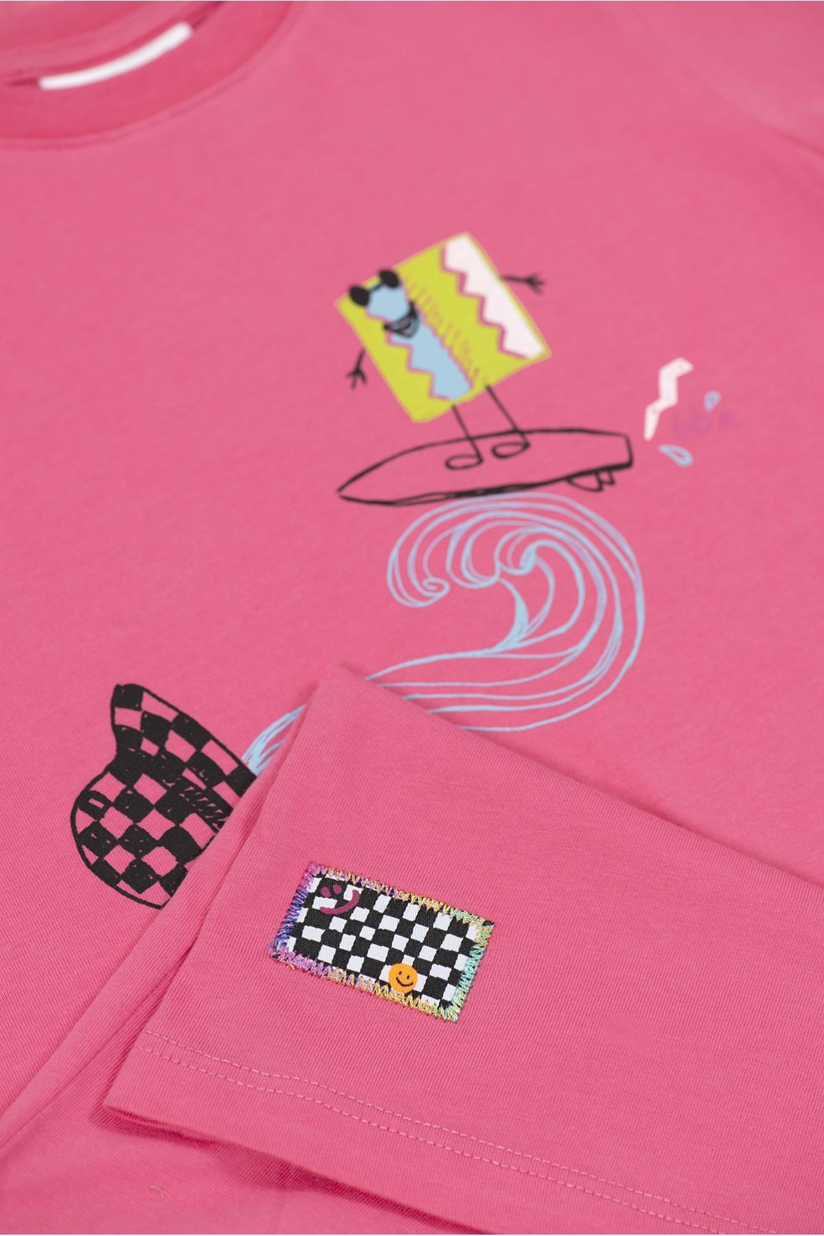 Cool Surfer Dress - Kısa Kollu Bisiklet Yaka Kız Çocuk Elbise Pembe