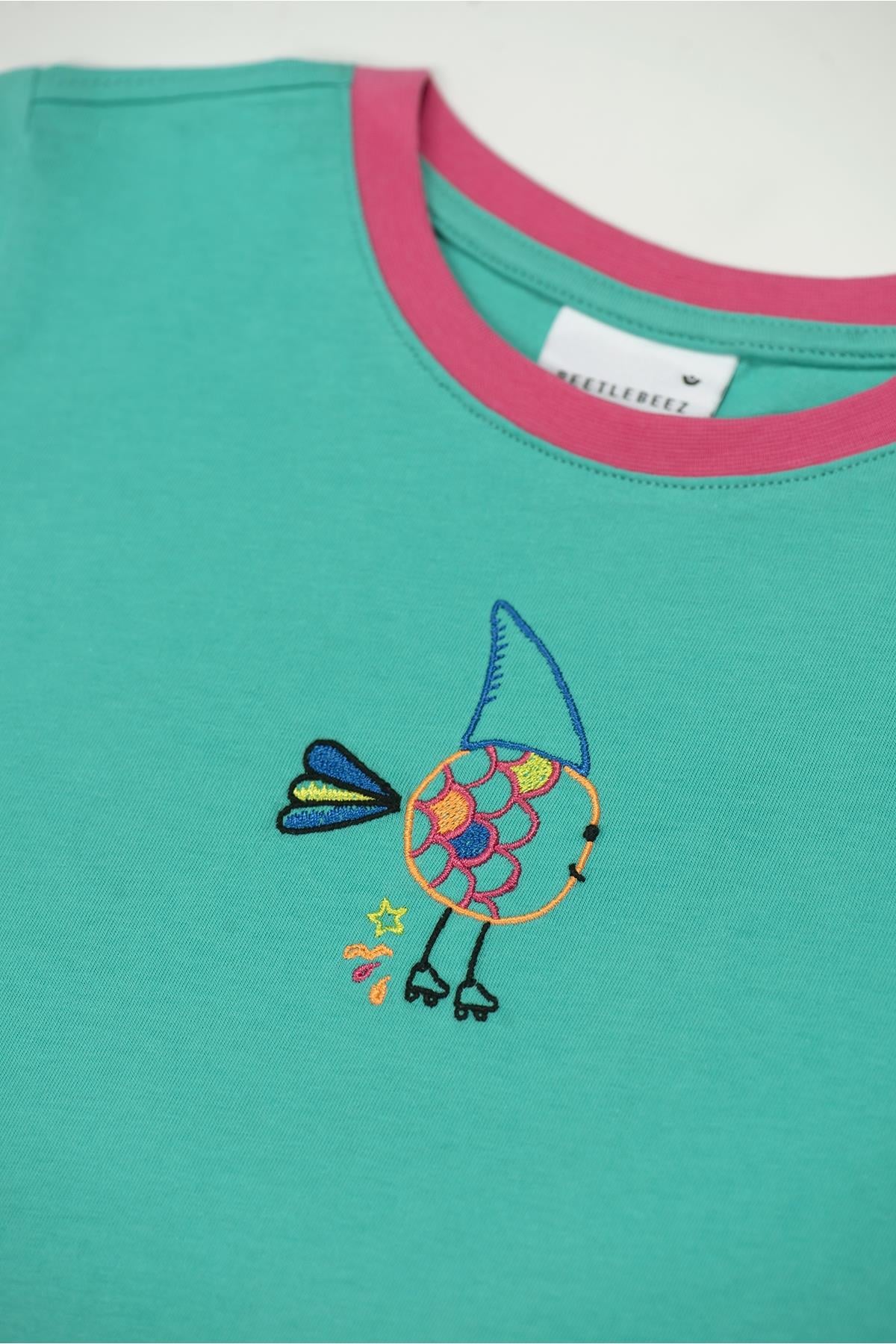 Beetlebeez / Cute Shark T-Shirt Kısa Kollu Nakışlı Çocuk T-Shirt - (Pembe Ribana) Mint