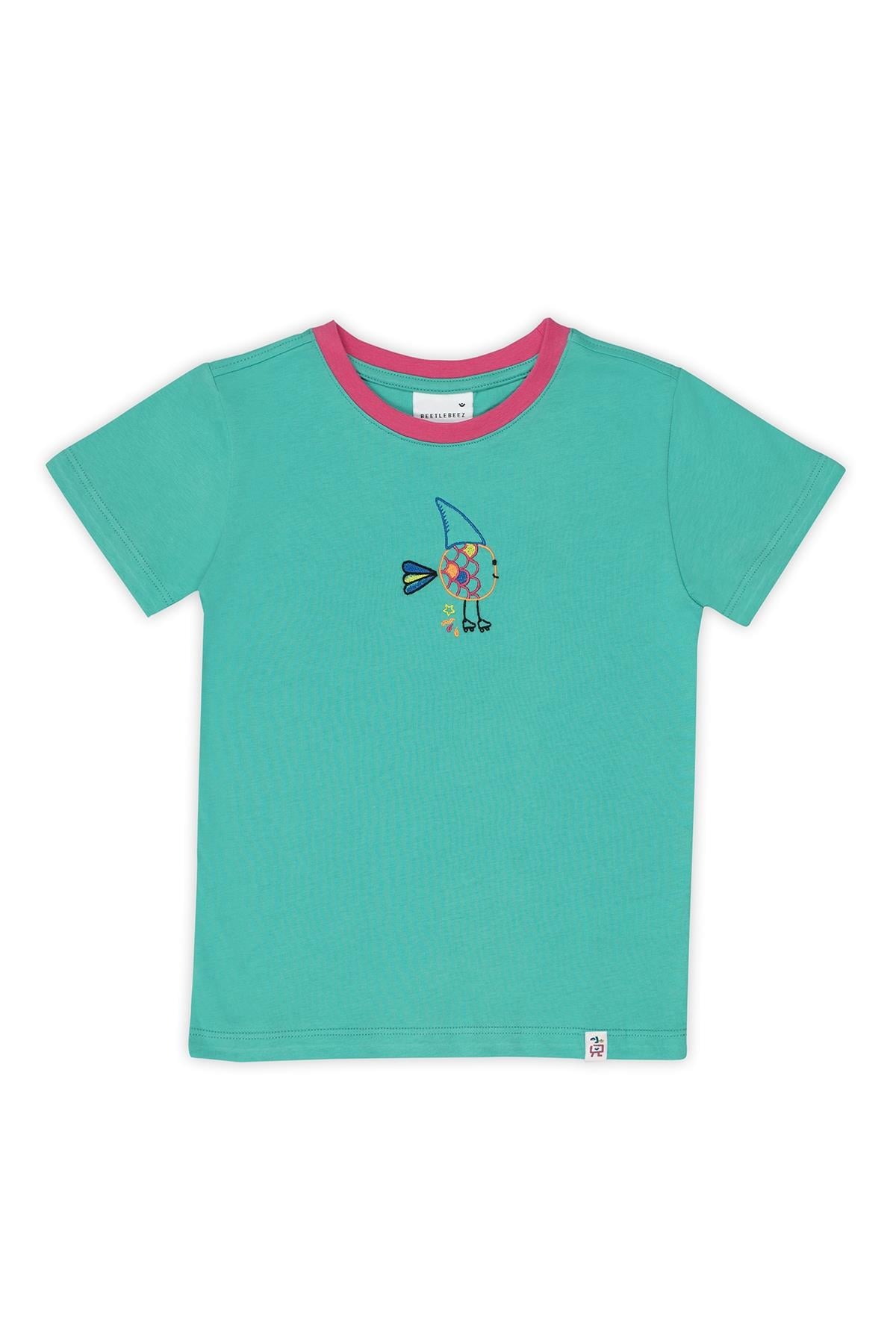 Beetlebeez / Cute Shark T-Shirt Kısa Kollu Nakışlı Çocuk T-Shirt - (Pembe Ribana) Mint