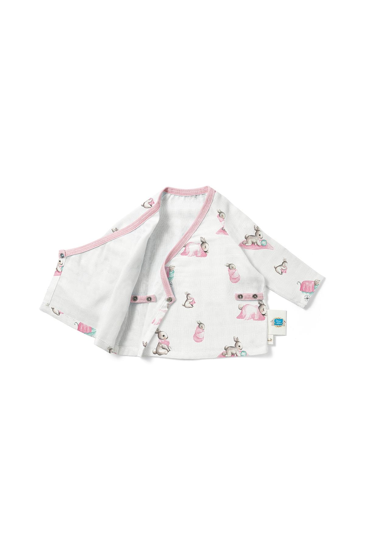 Deux Lapins /  Bébé Lapin Rose Müslin Kimono Hırka std