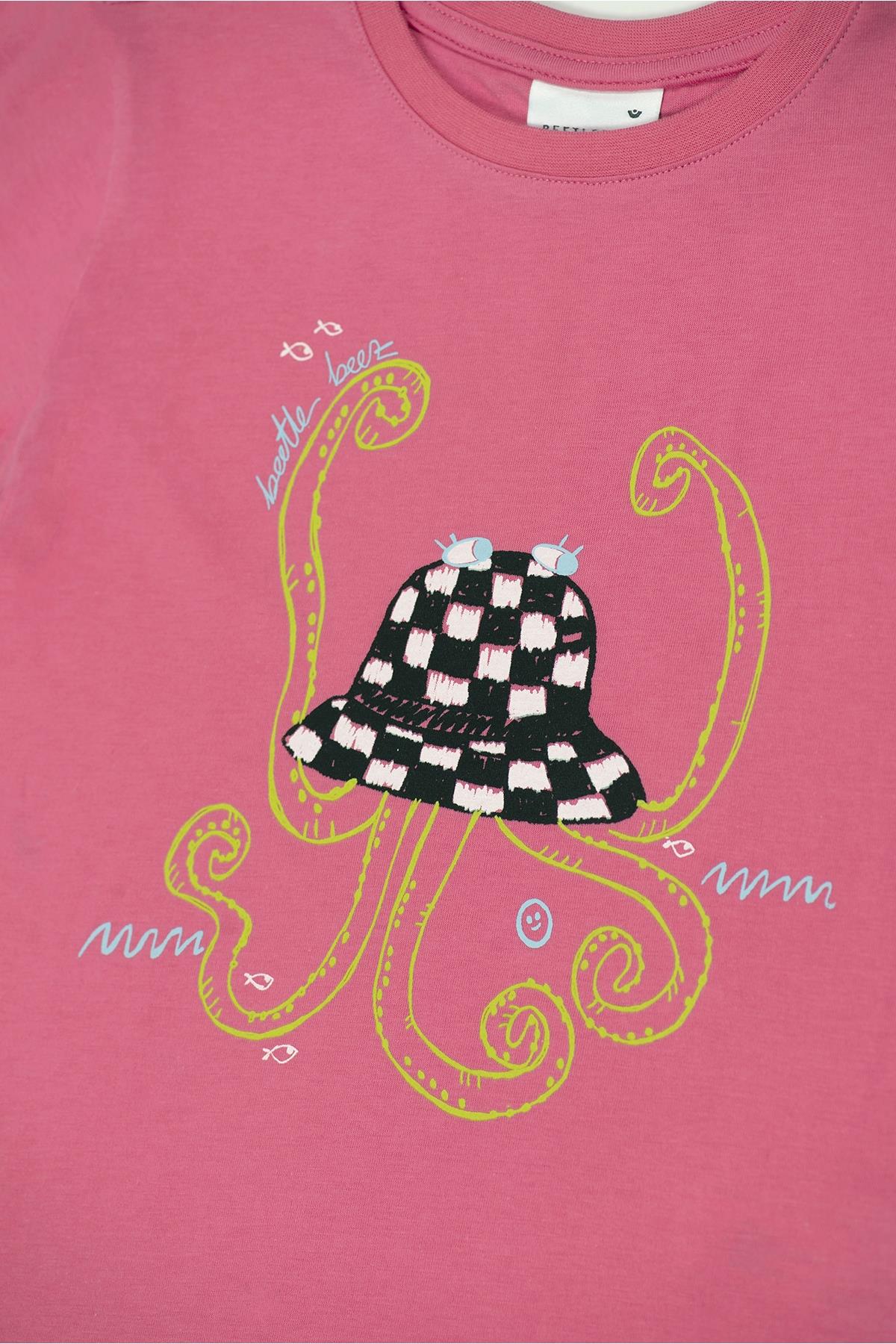 Beetlebeez / Funky Octopus Hat T-Shirt Kısa Kollu Baskılı Çocuk T-Shirt Pembe