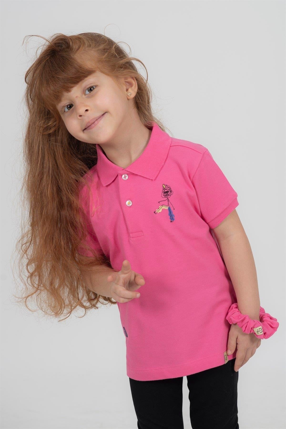 Beetlebeez / Funny Scribble Man Kısa Kollu Çocuk Polo Yaka T-shirt Pembe