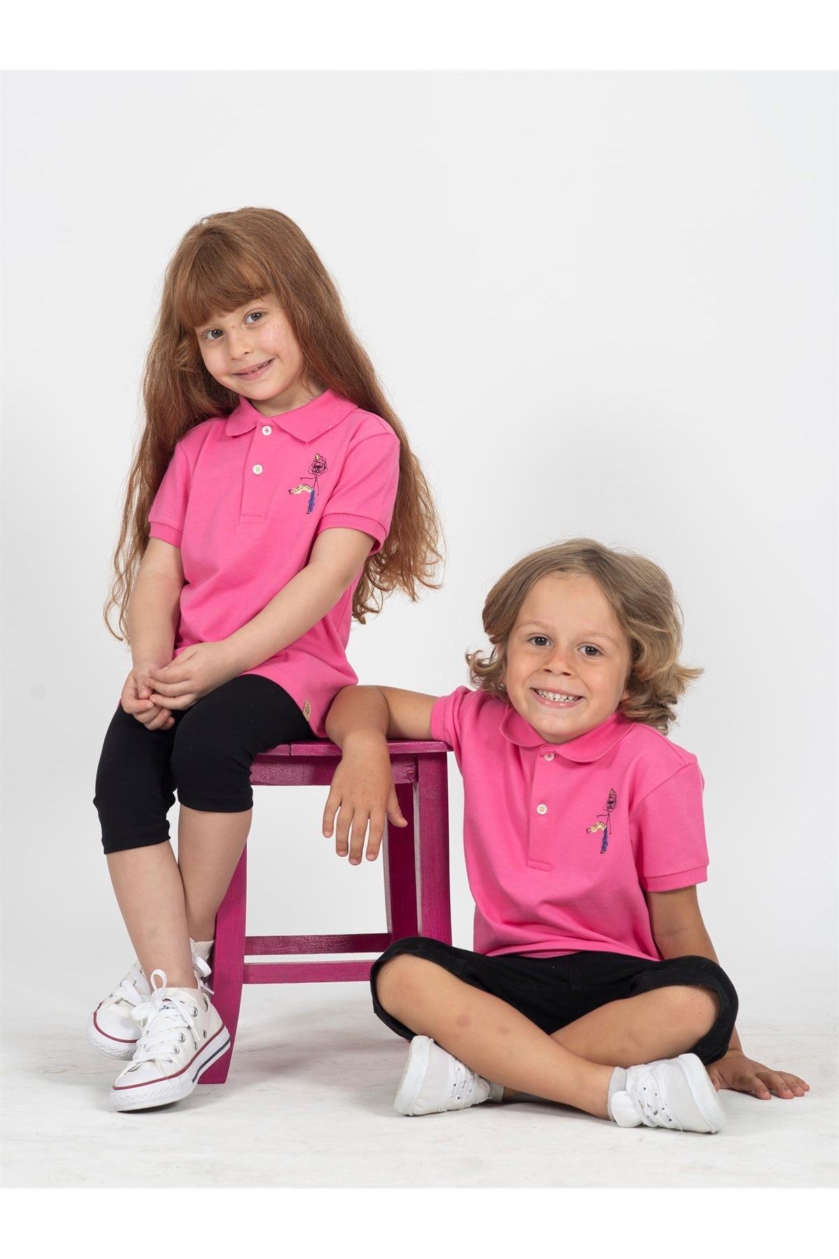 Beetlebeez / Funny Scribble Man Kısa Kollu Çocuk Polo Yaka T-shirt Pembe