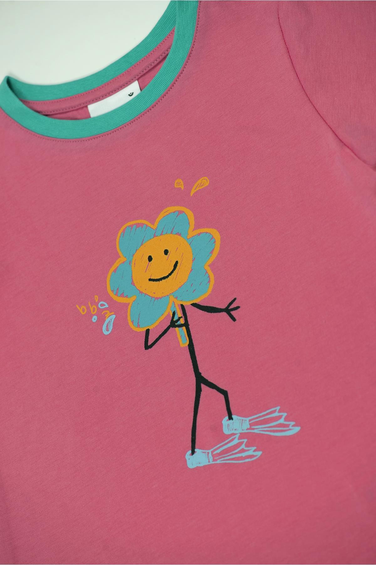 Beetlebeez / Happy Flippers T-Shirt Kısa Kollu Baskılı Çocuk T-Shirt -  (Mint Ribanalı) Pembe