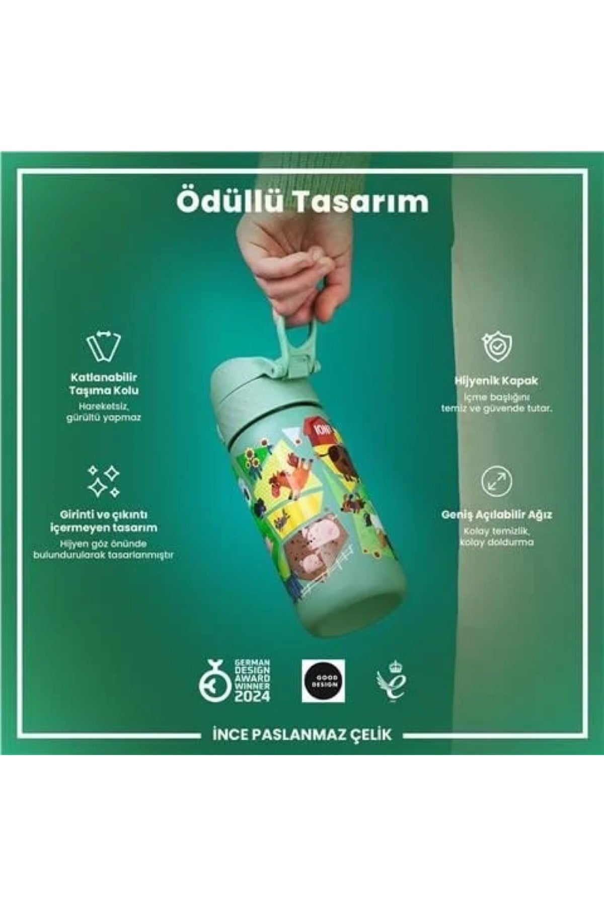ION8 - Paslanmaz Çelik Çocuk Suluk - Çiftlik Hayvanları - 400 ml - Sızdırmaz Çok Renkli